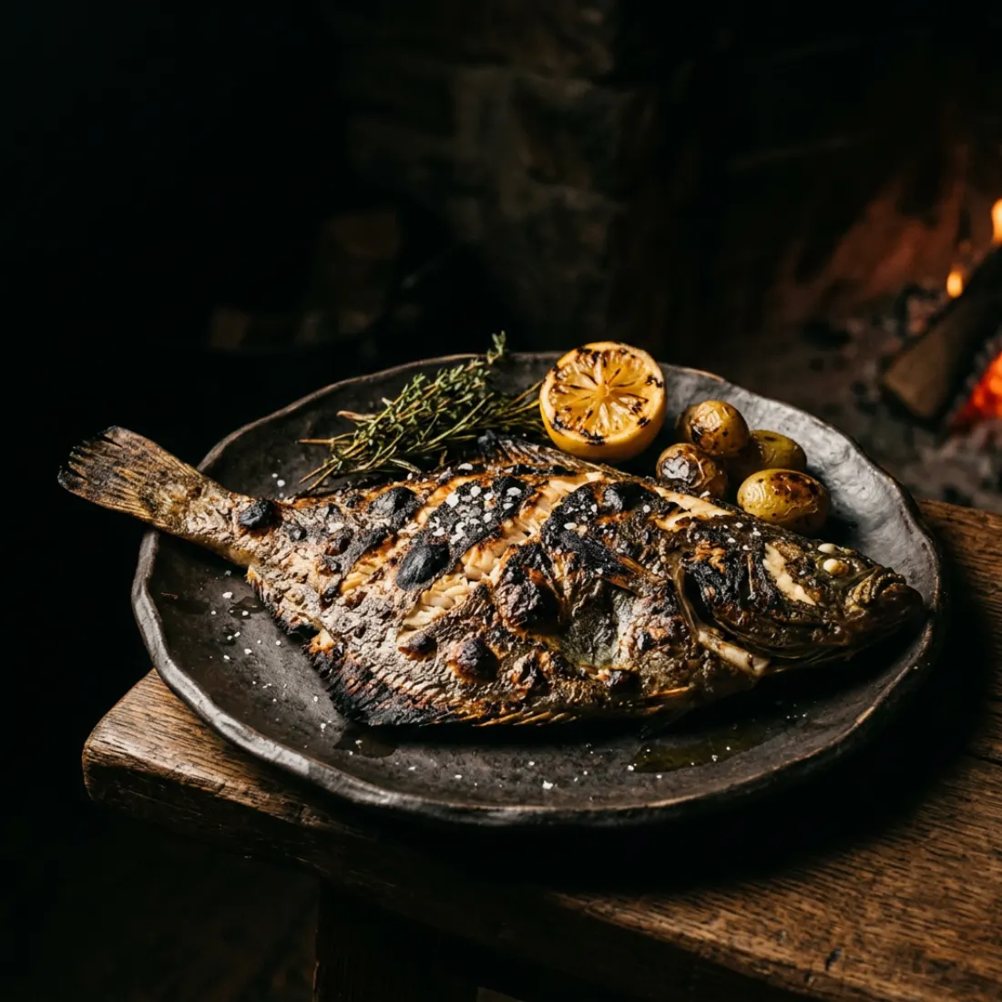 Whole grilled turbot with charred skin on a dark plate
