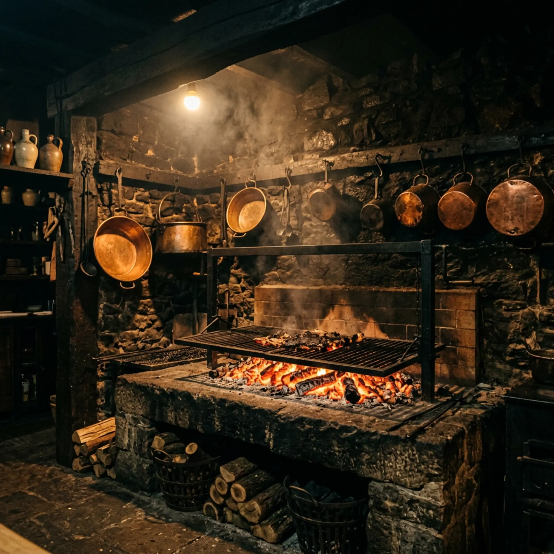 Copper pots above the iron grill of the open hearth