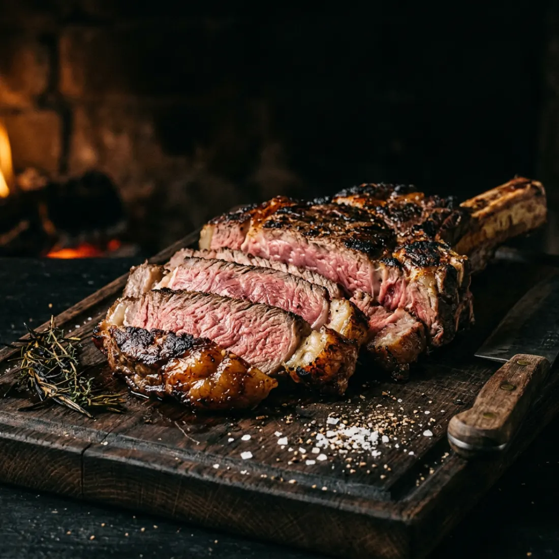 Dry-aged chuletón on the bone, sliced to the rosy centre
