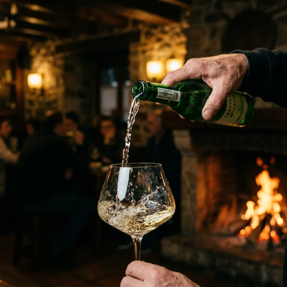Txakoli poured from height into a wide glass by the fire
